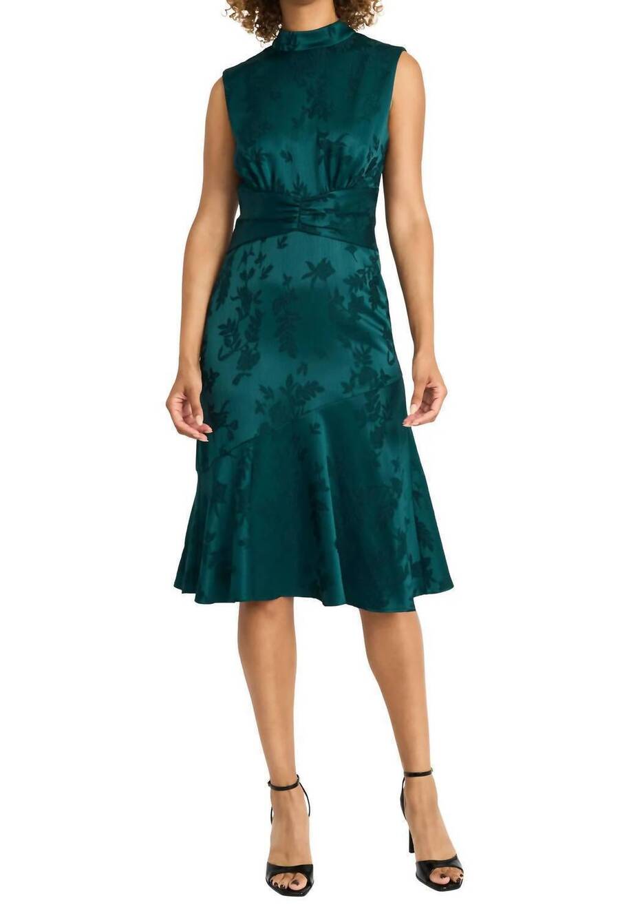 NEW MAGGY LONDON floral jacquard mock neck satin midi dress in botanical